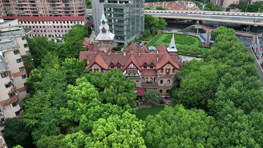 上海马勒别墅城堡挪威风格北欧建筑航拍4K视频
