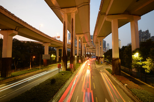 上海城市高架道路车轨延时10秒视频