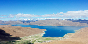 8K航拍西藏羊湖全貌雪山脚下31秒视频