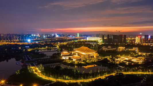 西安国际会议中心火烧云夜景航拍大范围5k延时视频