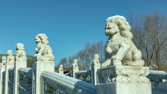 舍利塔石桥狮子初春冰雪融化视频