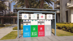 城市生活小区颜色靓丽的垃圾分类箱4k环保素材27秒视频