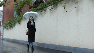 女人雨中撑伞漫步走在人行道上25秒视频