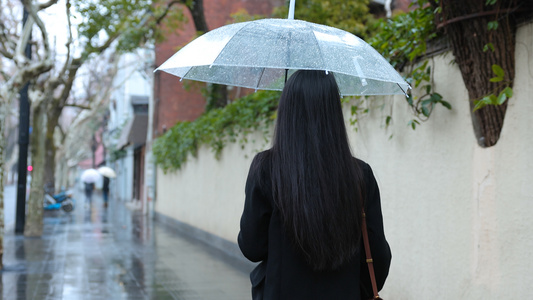 女人雨中撑伞漫步走在人行道上背影视频