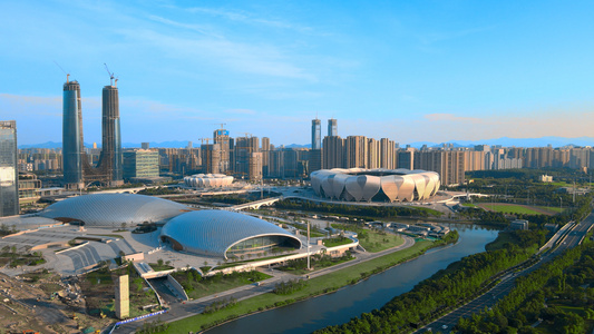 4K航拍大气杭州奥体中心博览城全景蓝天阳光视频
