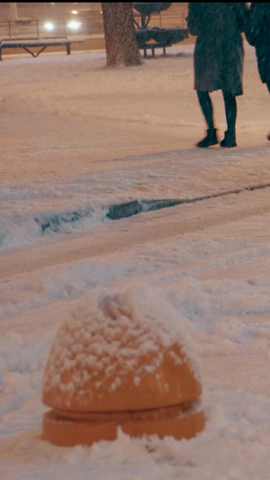 寒冬大雪天气街头过马路的行人路面湿滑14秒视频