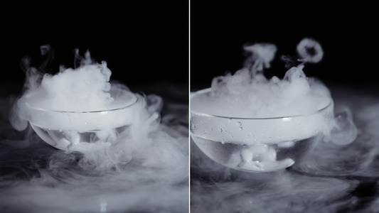玻璃碗里烟雾缭绕的干冰视频