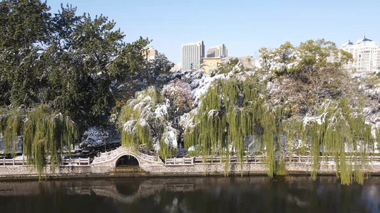 航拍山东济南大明湖5A景区雪景 视频