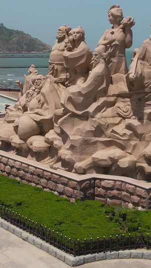航拍烟台蓬莱地标建筑八仙过海雕塑视频风景名胜41秒视频