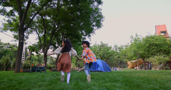 两个孩子在草地上手拉手开心奔跑回头看视频