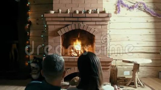 夫妻和狗坐在壁炉旁视频
