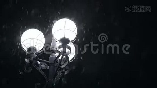 路灯在雪夜里发光。 在冬天的雪花中关上街灯视频