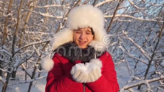 小女孩从她的手中吹起雪花，在冬天的公园里，被夕阳照亮。 快乐的女孩在日落时吹雪花视频