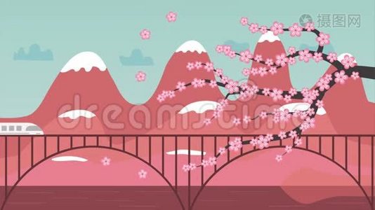 现代火车在桥上行驶，樱花在空中飞舞视频