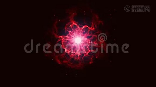 红色发光抽象能量球，黑色背景上有火。视频