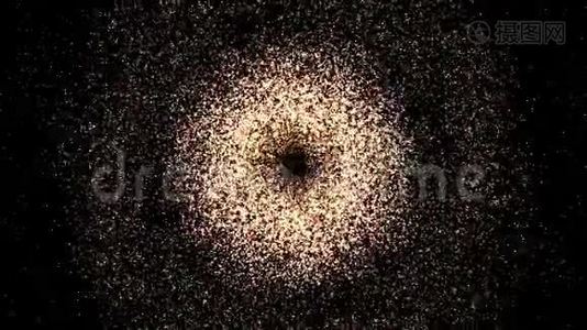 抽象运动数字虫洞，隧道由金光闪闪的粒子组成。动画。惊人的空间视频