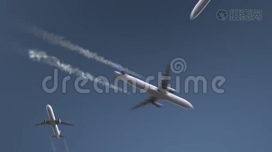 飞行飞机显示迪拜字幕。 前往阿拉伯联合酋长国的概念介绍动画视频