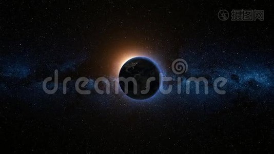 从太空看到地球上的日出。 3D级视频