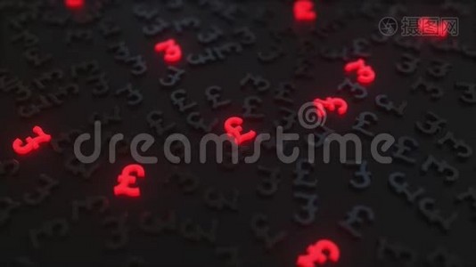 在黑色英镑符号中闪烁着红色英镑的标志。 概念三维动画视频