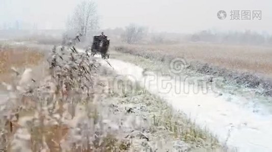 男子在冬季道路上骑一辆马车视频