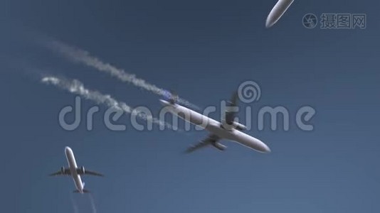 飞行飞机显示卡萨布兰卡的标题。 前往摩洛哥概念介绍动画视频