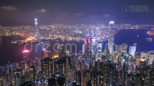 晚上香港市区时间已过，从山顶俯瞰视频