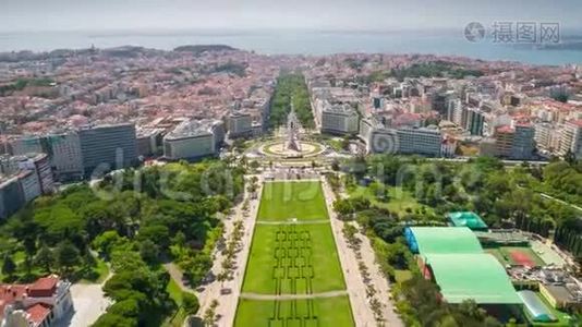里斯本-葡萄牙空中时差-市中心夏季无人机从上面视频