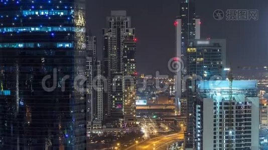 迪拜商务海湾塔晚时差空中视频
