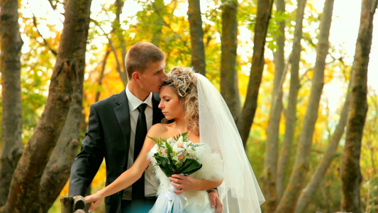 树林里拍婚纱照的新娘和新郎视频