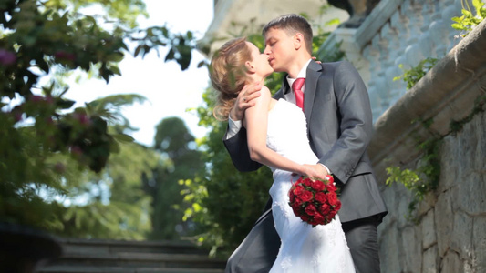 新娘和新郎在公园接吻视频