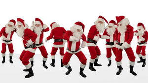 一群圣诞老人在白色的圣诞背景下跳舞29秒视频