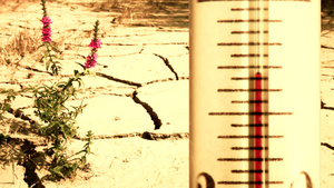 干旱破碎的地面和过热的温度计全球变暖的概念8秒视频