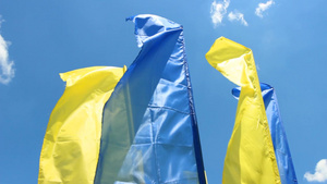 蓝色和黄色的旗帜在背景蓝天上飘扬14秒视频