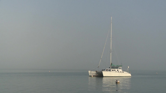 清晨浓雾平静海面停泊的帆船视频