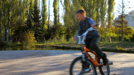 小男孩在一个阳光明媚的秋天骑自行车视频