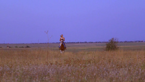 女孩骑马穿过田野11秒视频