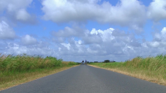 在田间道路上骑行的两个男人视频