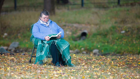 老年妇女在公园阅读书籍视频
