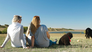 在阳光明媚的一天两位年轻女性坐在草地上享受和纽芬兰狗玩的乐趣19秒视频