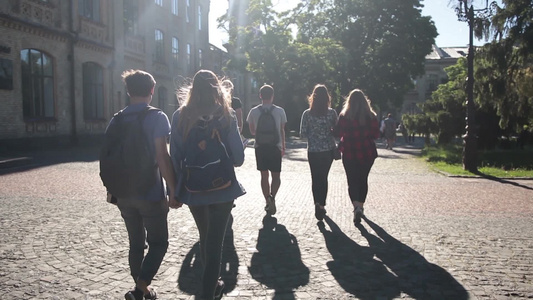 背影拍摄一群年轻的大学朋友在大学校园的鹅卵石人行道上散步和交谈的人群视频