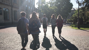 背影拍摄一群年轻的大学朋友在大学校园的鹅卵石人行道上散步和交谈的人群17秒视频