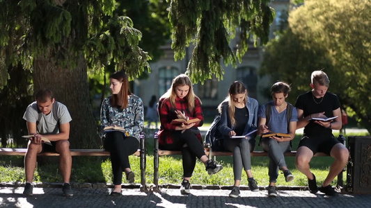 一群忙碌的大学生在校园的长凳上看书和讲义视频