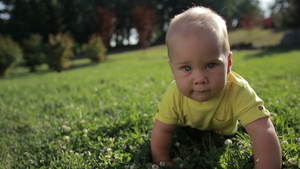 快乐的金发婴儿在绿色的草地上爬行特写镜头15秒视频