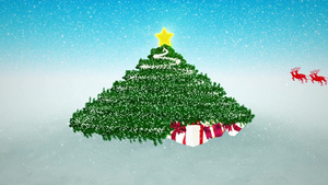 下雪的圣诞树下的礼物和在后台飞圣诞老人15秒视频
