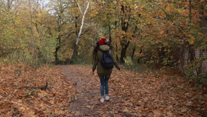 长发时髦女孩与她的小狗在公园跑步22秒视频