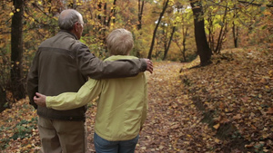  秋天浪漫的老年夫妇在铺满落叶的公园里散步27秒视频