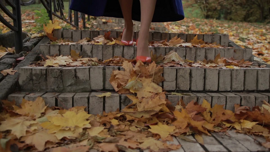 年轻女人在秋天的公园里走下楼梯[二十多岁]视频