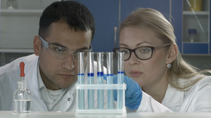 女科学研究员和男同事讨论化学实验室的实验结果28秒视频