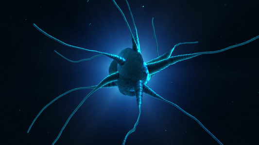 在抽象的蓝色背景上发光的神经元细胞视频