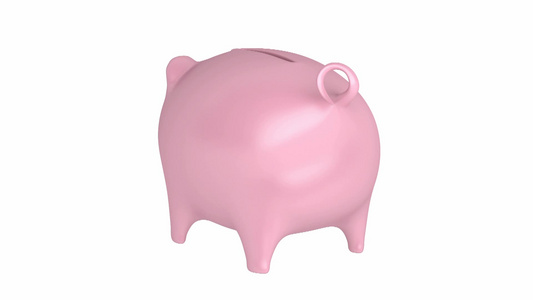 粉色的小猪储蓄罐在白色背景上旋转视频